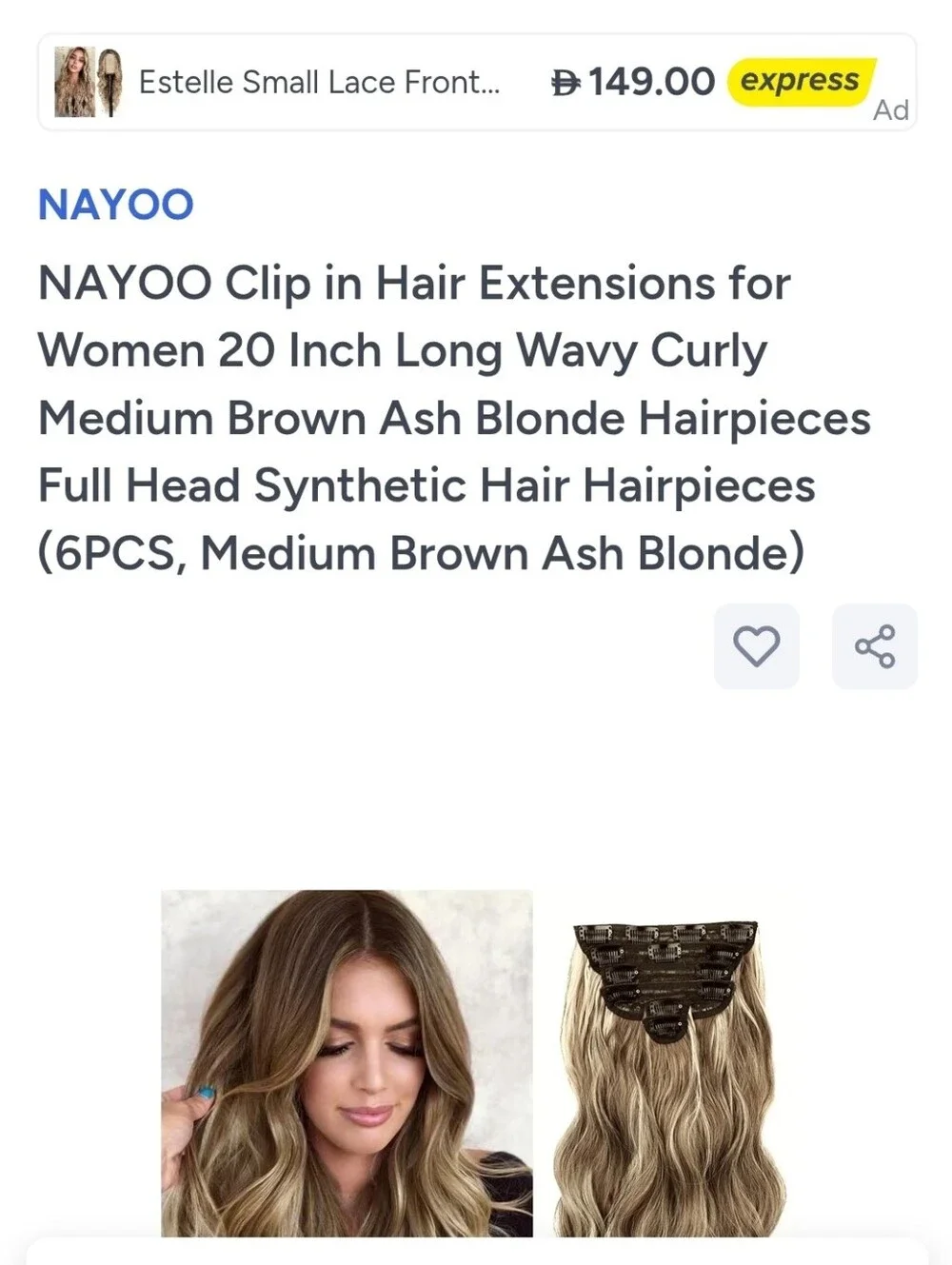 NAYOO Clip in Hair Extensions for Women 20 Inch Long Wavy Curly Medium Brown Ash